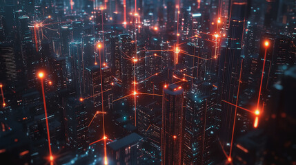 Fototapeta premium Smart digital Innovation city with connection network reciprocity over the cityscape. of future smart wireless city and social media networking systems that connects business people with in city