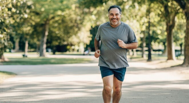 Smiling middle-aged hispanic man jogging in park on a sunny day for health and fitness - Powered by Adobe