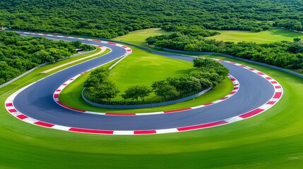 A top-down view of an empty race track, emphasizing its sharp corners and long straights, with clear skies and plenty of copy space along the track.