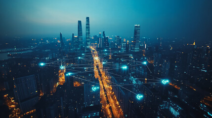 Obraz premium Smart digital Innovation city with connection network reciprocity over the cityscape. of future smart wireless city and social media networking systems that connects business people with in city