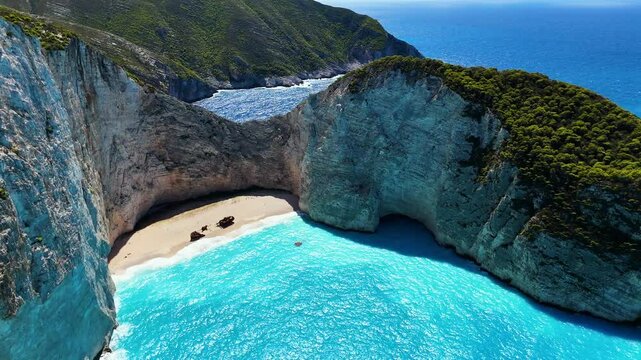 Navagio Beach or Shipwreck Beach, on the coast of Zakynthos, in the Ionian Islands of Greece