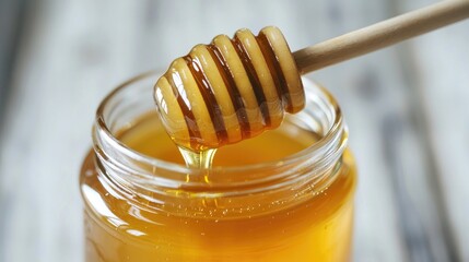 Golden Honey Dripping from Wooden Dipper into Glass Jar on Rustic Wooden Table Background