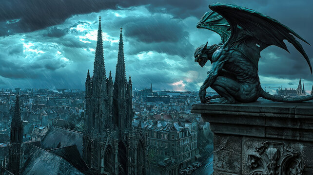 Terrifying, winged gargoyle perched on a gothic cathedral overlooks a stormy city. Dark, ominous.