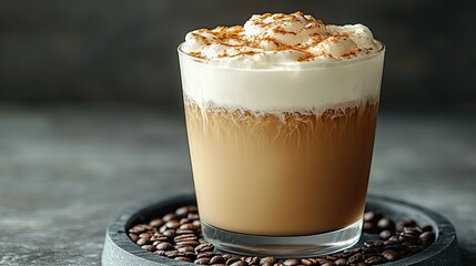 Creamy iced coffee in glass with toppings.
