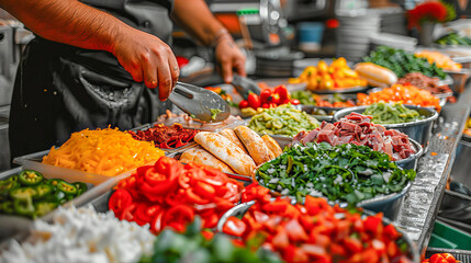 Obraz premium Chef preparing ingredients for making mexican tortas in a bustling kitchen