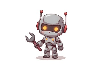 Cute Grey Robot Holding Wrench Cartoon Illustration