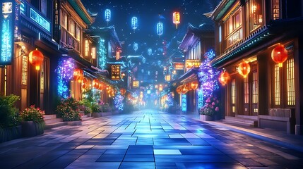 Vibrant Night Scene: Luminous 3D Render of a Festive Asian Street. AI Generated