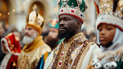 Fototapeta premium Three Kings Day.A group of men dressed as kings in elaborate costumes and crowns during a festive street parade.