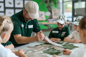 National Bird Day. A teacher showing children various leaves and feathers in an interactive nature education workshop.