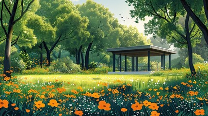 Obraz premium flat design, illustration, The Garden Show: A community gathers to put on a play in the park, strengthening bonds
