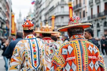 Fototapeta premium Three Kings Day. A group of individuals dressed as Three Kings wearing intricate, colorful traditional robes during a festive event.