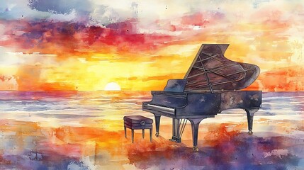 Vibrant Watercolor Illustration: Grand Piano Serenades Sunset Beach. AI Generated
