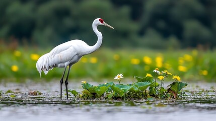 Obraz premium In a flourishing wetland, two elegant white cranes stand among blooming yellow and white flowers, making this scene perfect for nature, wildlife, and biodiversity conservation projects or promotional
