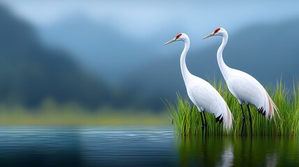 Obraz premium A depiction of two white cranes in a peaceful wetland, featuring blue skies and verdant greenery, perfect for nature-themed projects and conservation awareness.