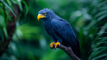 Obraz premium A regal harpy eagle, featuring intense yellow eyes, sat in the thick green foliage, ideal for nature, wildlife, conservation, and educational projects.