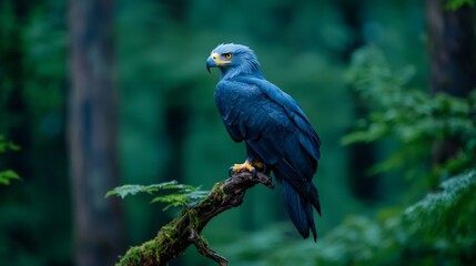 Obraz premium Perched in the dense green foliage, a majestic harpy eagle with piercing yellow eyes is perfect for nature, wildlife, conservation, and educational projects.