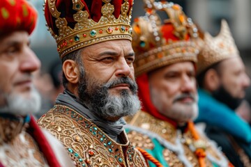 Fototapeta premium Three Kings Day.Portrait of a smiling participant in regal attire and ornate crown during a Three Kings Day celebration.