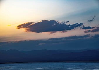sunset on lake Karum in the salt lake depression of Danakil in Ethiopia