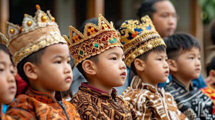 Three Kings Day. A group of children wearing colorful crowns and winter outfits, celebrating Three Kings Day outdoors.
