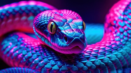 Blue and pink snake with a yellow eye