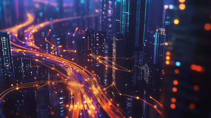 Obraz premium Smart digital Innovation city with connection network reciprocity over the cityscape. of future smart wireless city and social media networking systems that connects business people with in city