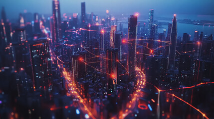 Fototapeta premium Smart digital Innovation city with connection network reciprocity over the cityscape. of future smart wireless city and social media networking systems that connects business people with in city