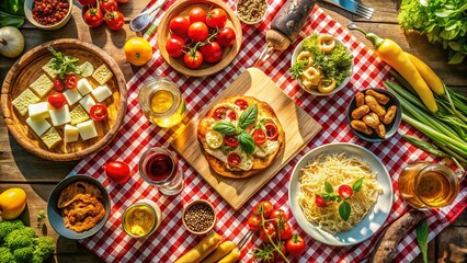 Fototapeta premium Aerial View of Delicious Italian Food, Rustic Setting, Summer