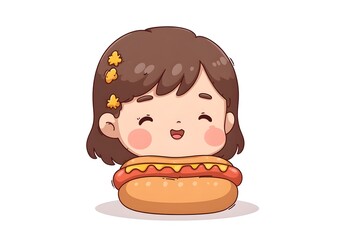 Happy Girl Cute Cartoon Hotdog Illustration Simple Style