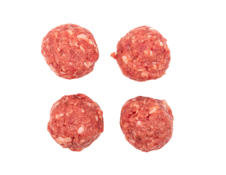 Four raw meatballs isolated on transparent background