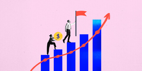 Poster. Contemporary art collage. Woman pushing coin symbol up blue bar graph. Man reaching red flag atop bar as arrow climbs graph . Concept of business, marketing, finance, sales.