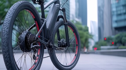 A modern bicycle is parked on a city street, set against the modern architecture and the midday sun, accentuating the concept of urban mobility.