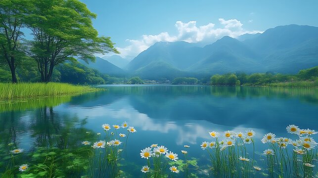 Serene lake reflecting mountains and daisies.