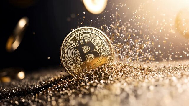 Image conceptuelle du bitcoin avec des paillettes d'or et particules dor&eacute;es. Conceptual image of bitcoin with gold flakes and gold particles.