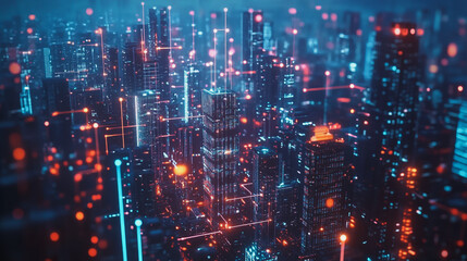 Fototapeta premium Smart digital Innovation city with connection network reciprocity over the cityscape. of future smart wireless city and social media networking systems that connects business people with in city