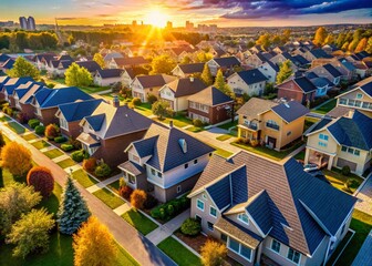 Aerial View of New Suburban Homes, Close-Up Roof Detail - High-Resolution Stock Photo