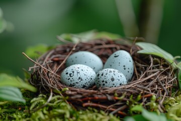 Obraz premium A close-up of a nest containing speckled eggs, surrounded by fresh green foliage, symbolizing new life.