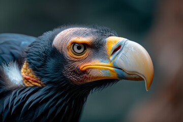 A striking close-up of a condor's face, highlighting intricate details of its beak, eye, and colorful texture.