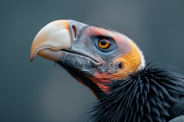 A striking close-up of a condor's face, highlighting intricate details of its beak, eye, and colorful texture.