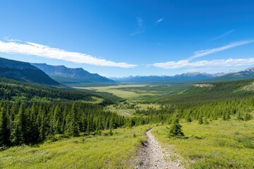 Obraz premium Panoramic View of Lush Green Valley Surrounded by Majestic Mountains Under Clear Blue Skies with Bright Sunshine in a Serene Natural Landscape