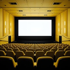 Fototapeta premium empty yellow cinema auditorium, yellow cinema hall with white blank screen and empty seats. Concept of movie theater, 