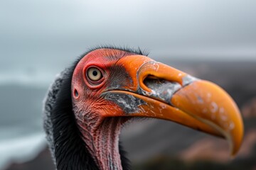 A detailed profile of a California condor with striking features and textured skin.