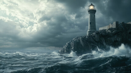 Towering lighthouse on a cliff by the sea. Crashing waves, stormy sky. Dramatic, coastal.