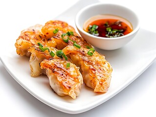 Deliciously Grilled Pan-Fried Dumplings with Soy Sauce Dip - Close-up Food Photo. AI Generated