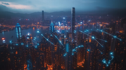 Fototapeta premium Smart digital Innovation city with connection network reciprocity over the cityscape. of future smart wireless city and social media networking systems that connects business people with in city