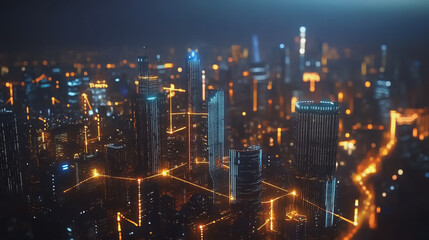 Obraz premium Smart digital Innovation city with connection network reciprocity over the cityscape. of future smart wireless city and social media networking systems that connects business people with in city