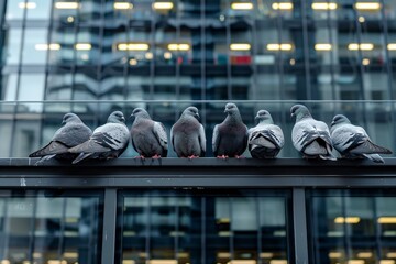 A row of pigeons perched on a metal railing in a busy urban environment.
