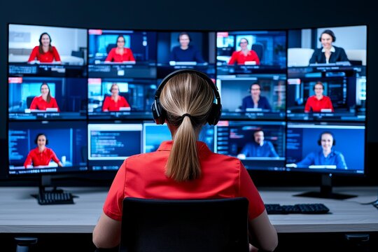 A skilled team holding a virtual meeting across several screens, engaging in remote collaboration within a digital workspace.