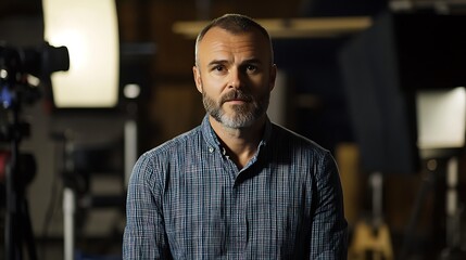 Obraz premium Close-Up Photo: Confident Man Pensively Gazing, Studio Setting. AI Generated