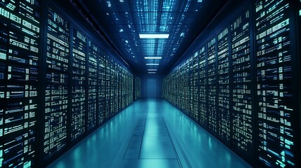 Fototapeta premium Stunning 3D Render of a Futuristic Data Center Interior. AI Generated