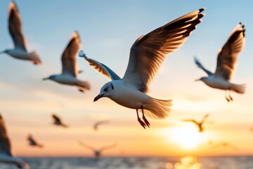 Obraz premium Graceful seagulls soar over the ocean during a serene sunset.
